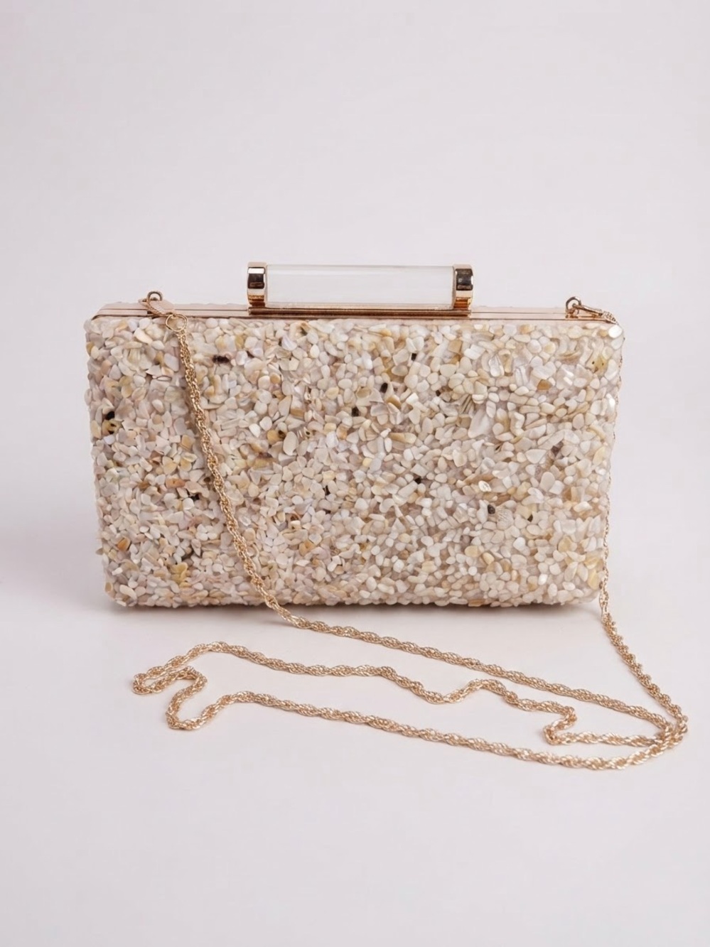 Lisi Lerch Mother of Pearl Cream Evening Clutch with Gold Chain